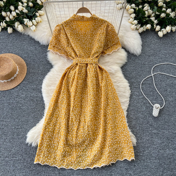 Vintage Polo Collar Embroidered Floral Dress