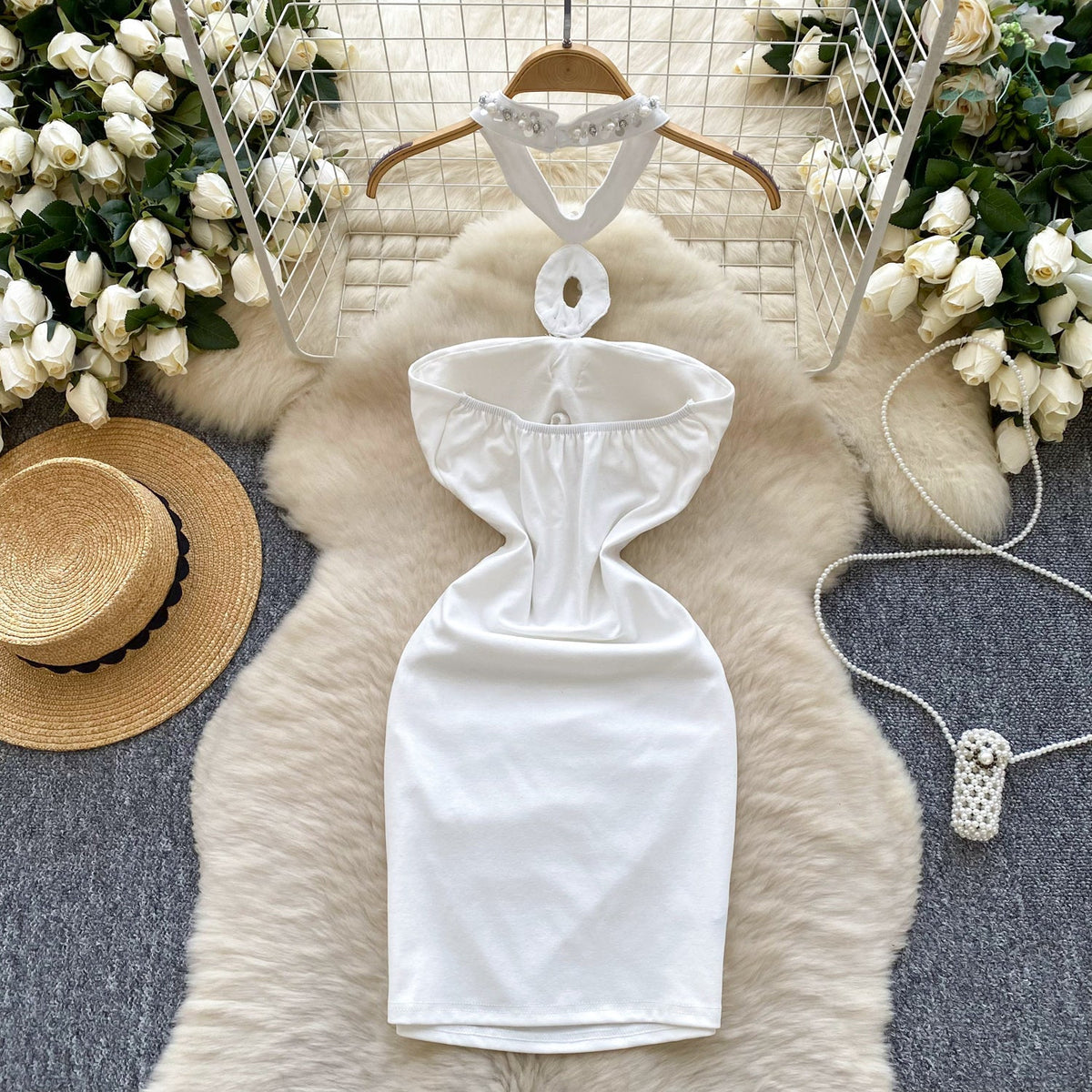 Elegant Slim-fit Beaded Halter Dress