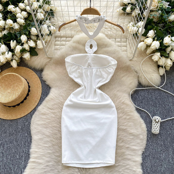 Elegant Slim-fit Beaded Halter Dress