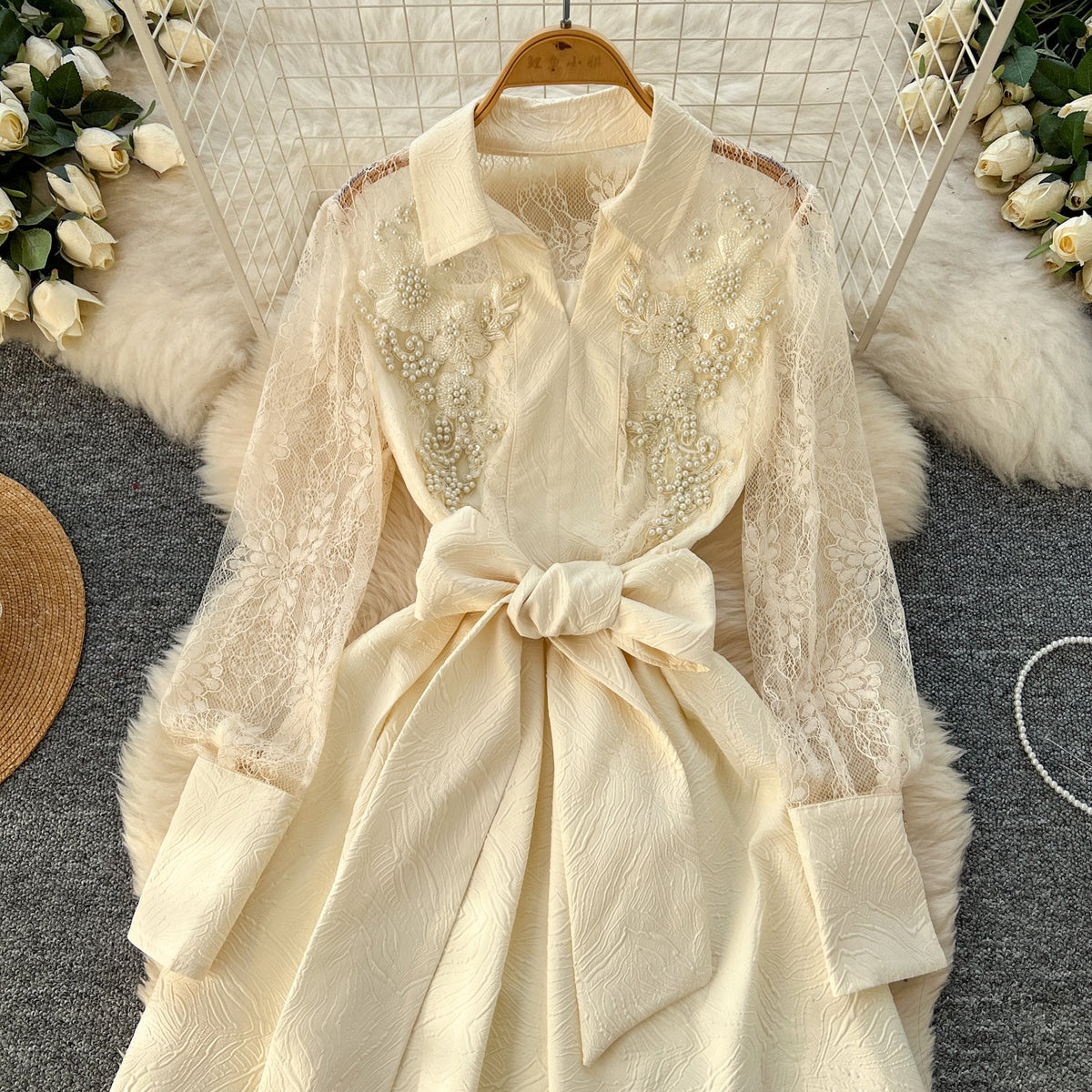 Vintage Polo Collar Embroidered Shirt Dress