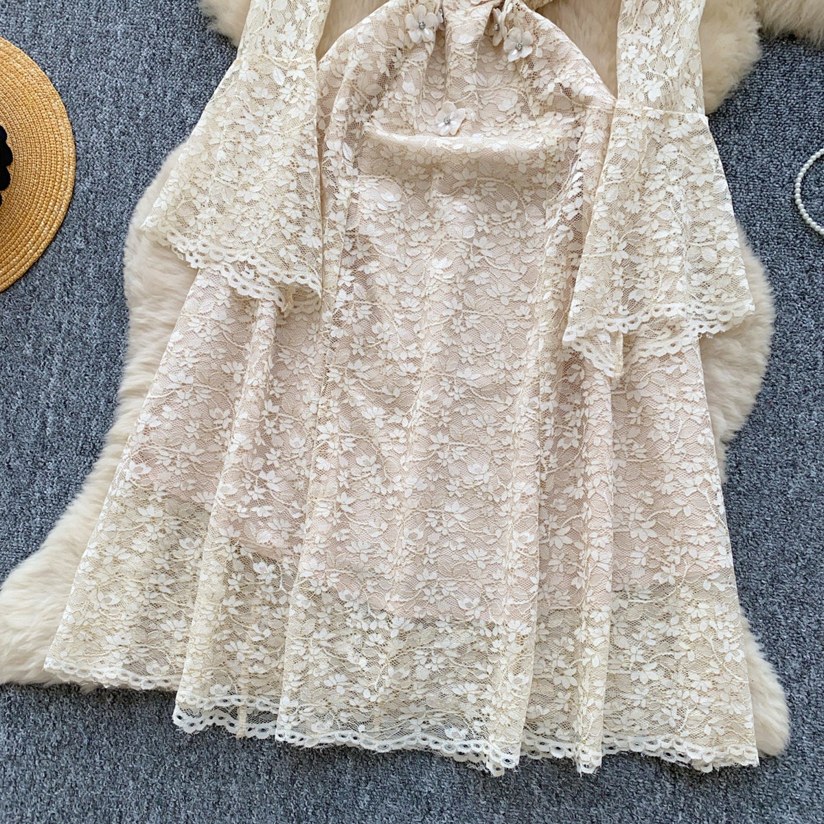 3D Floral Beaded Hollowed Lace Dress