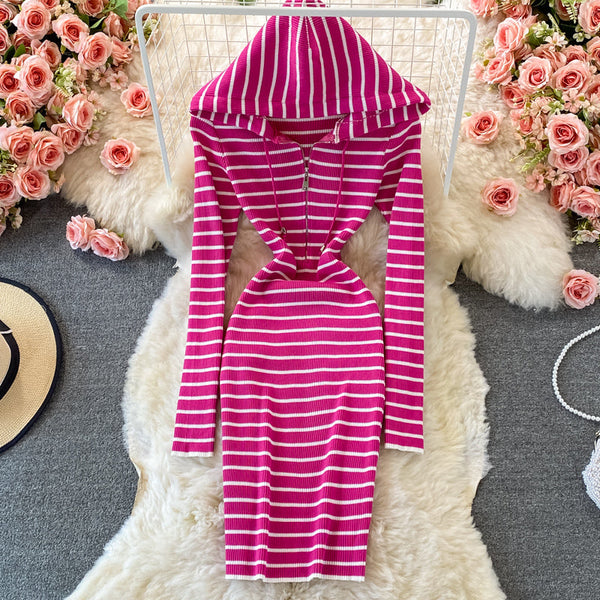 Hooded Striped Elastic Knitted Dress
