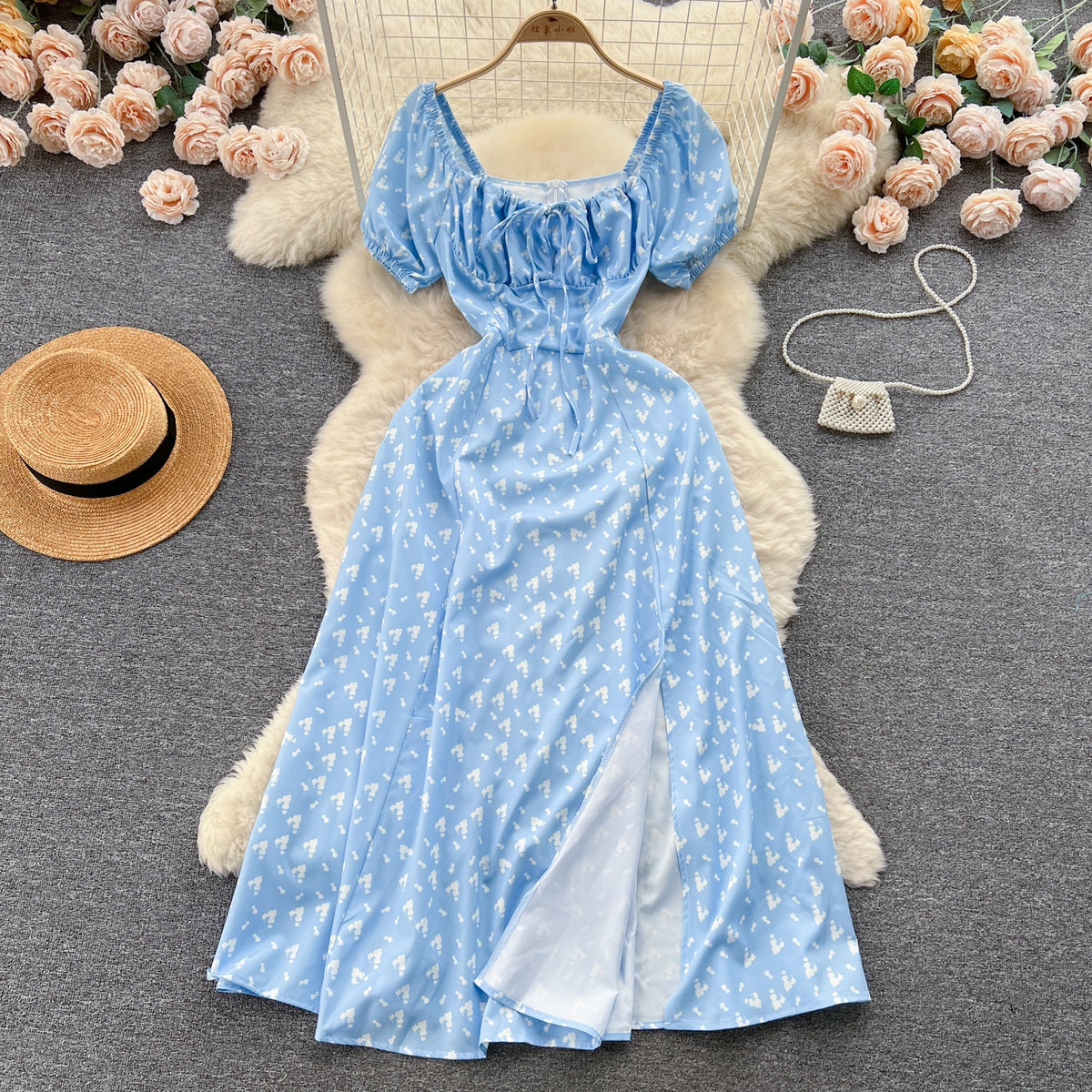 Ruffled Neckline Floral Split Dress