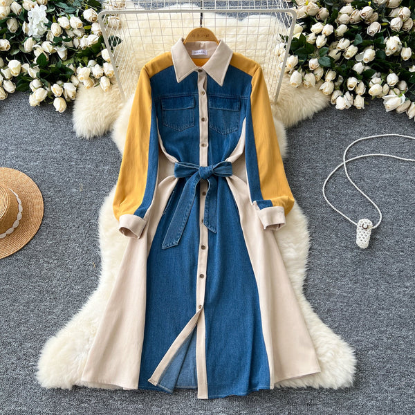 Vintage Lace-up Denim Patchwork Shirt Dress