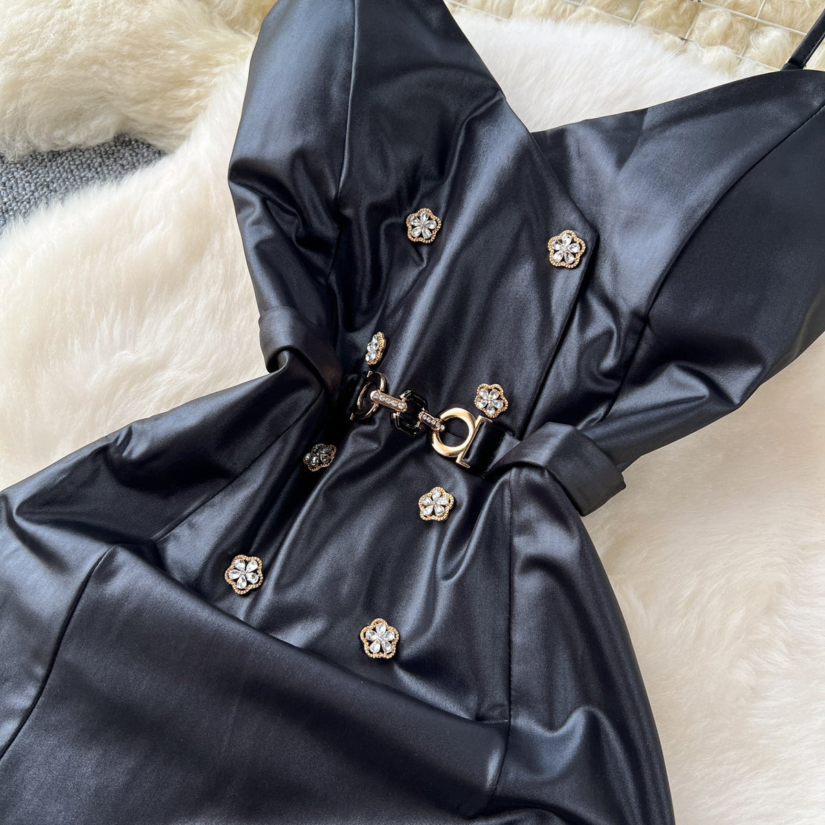 Chic Beaded Black PU Split Dress