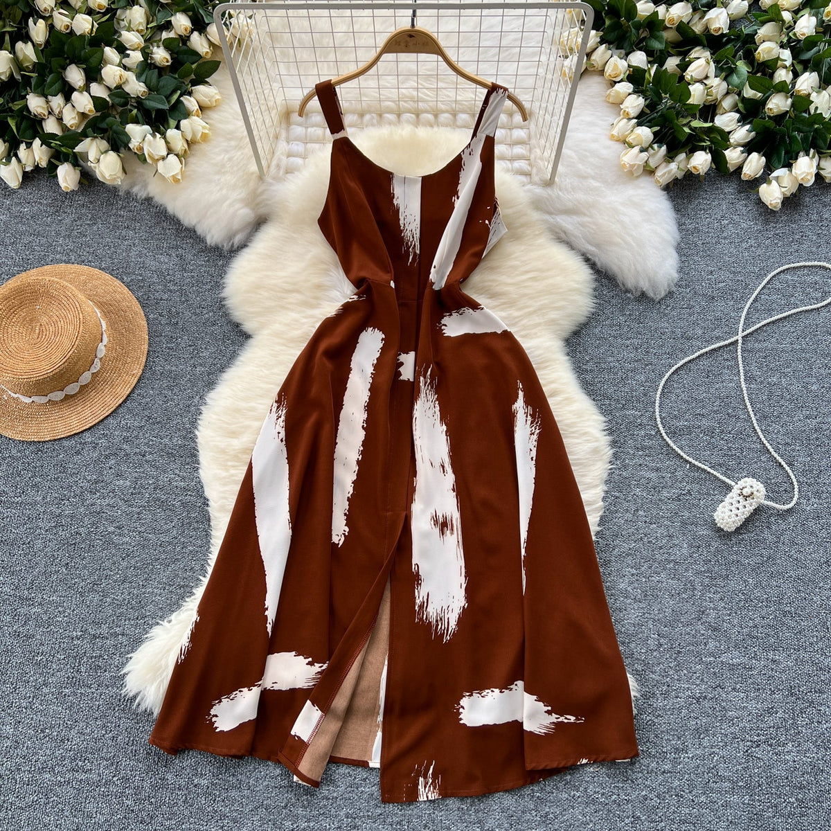 Vintage Printed Split Slip Dress