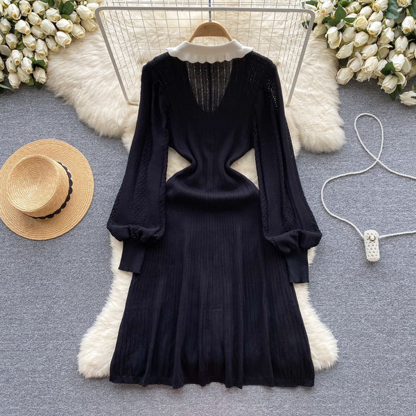 Doll Collar Black Knitted Shirt Dress