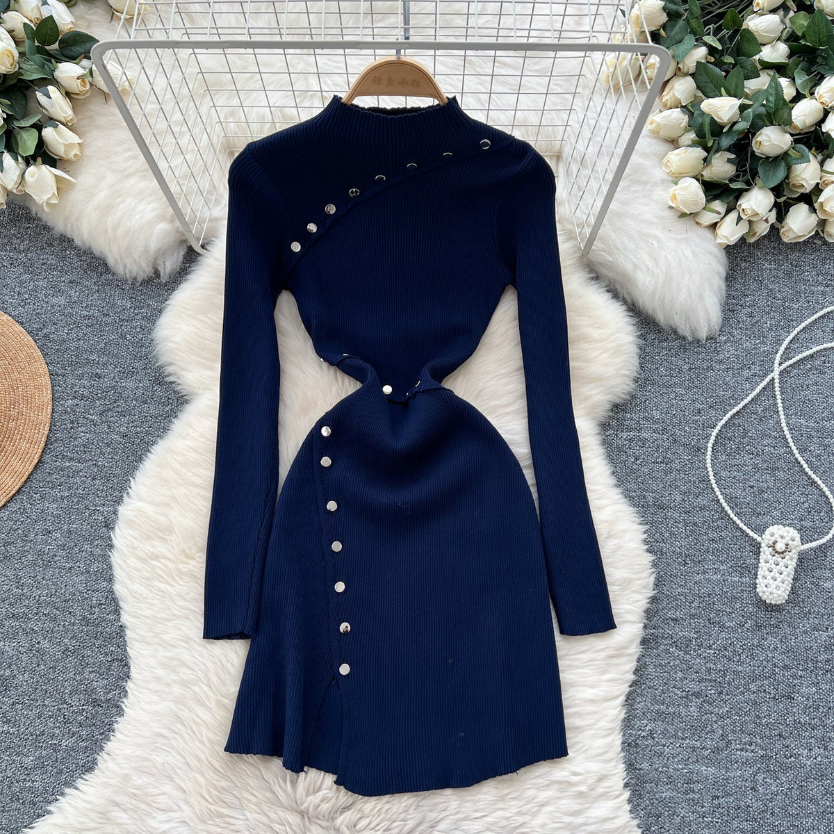 Half Turtleneck Metal Button Knitted Dress