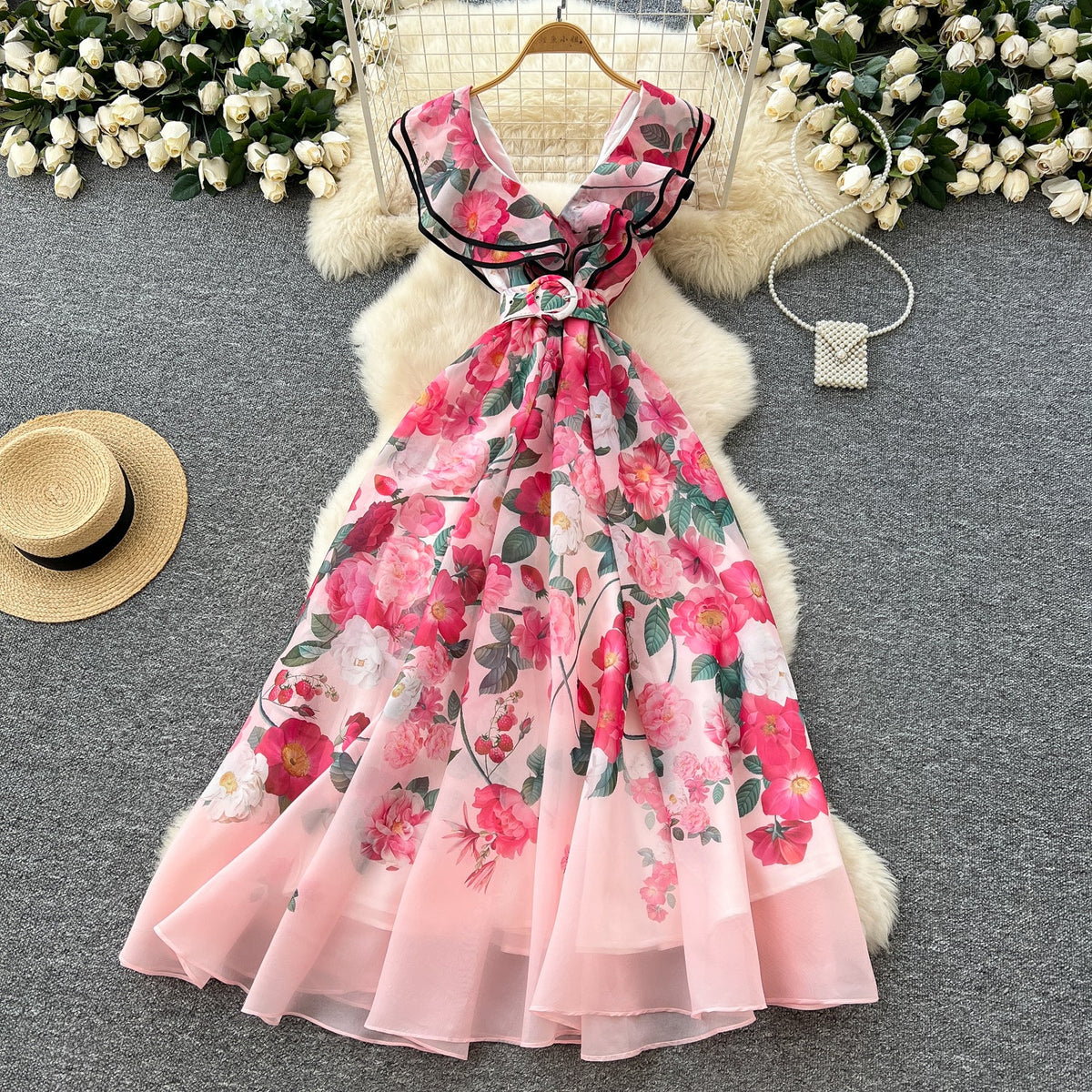 V-neck Ruffled Floral Printed Dress