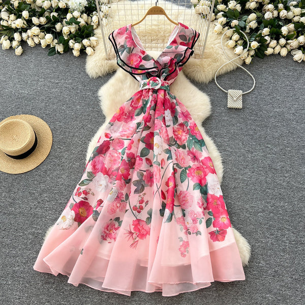 V-neck Ruffled Floral Printed Dress