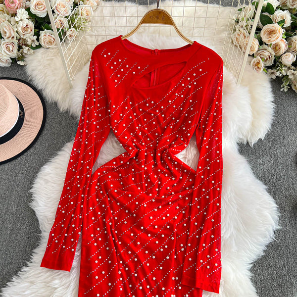 Premium Beaded Mesh Hip-wrapping Dress