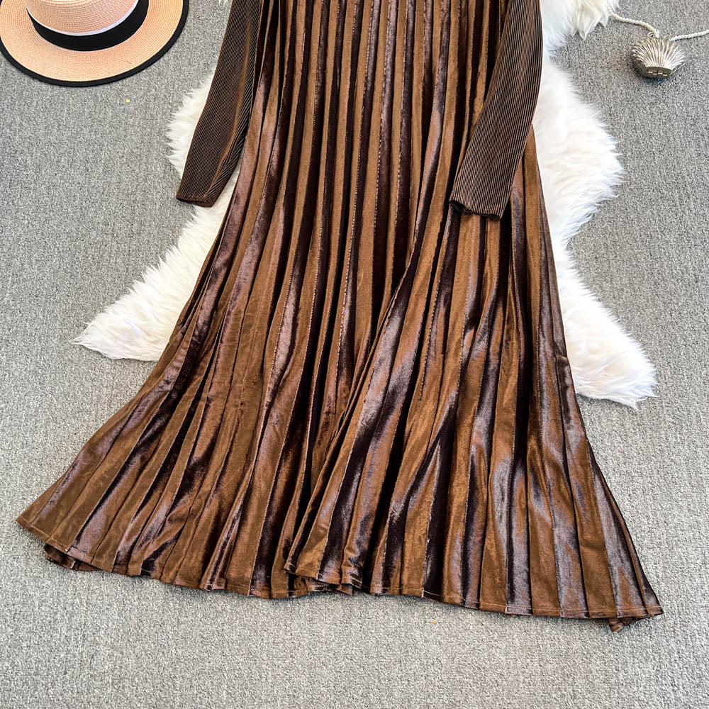 Beaded Shoulder Pleated Coffee Dress