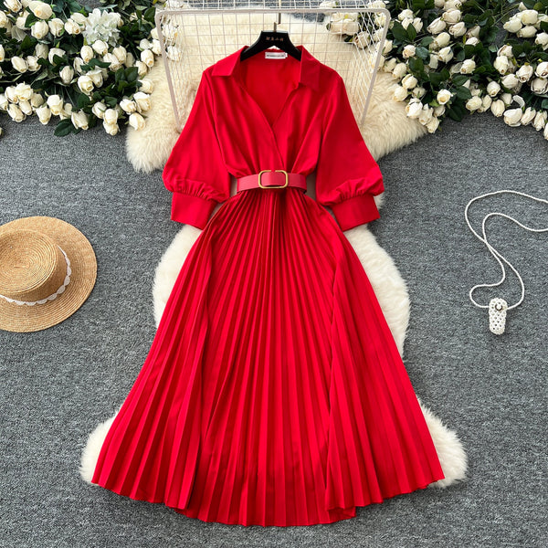Lapeled Pleat Shirt Dress with Belt