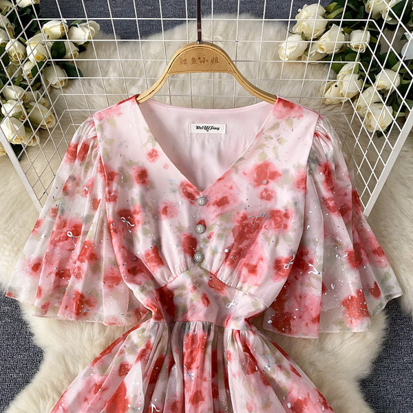 Sequined Floral Printed Ruffled Dress