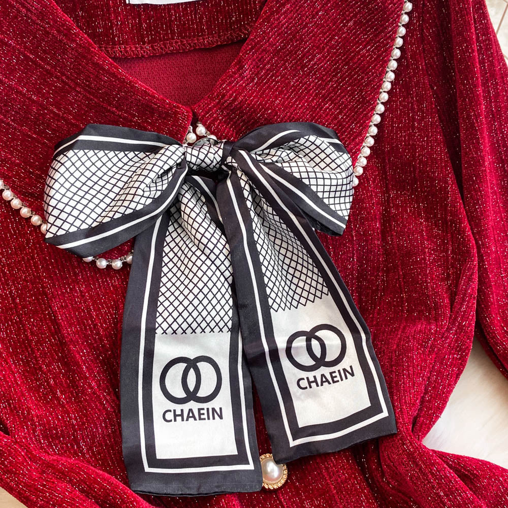 Lace-up Lapeled Collar Knitted Dress