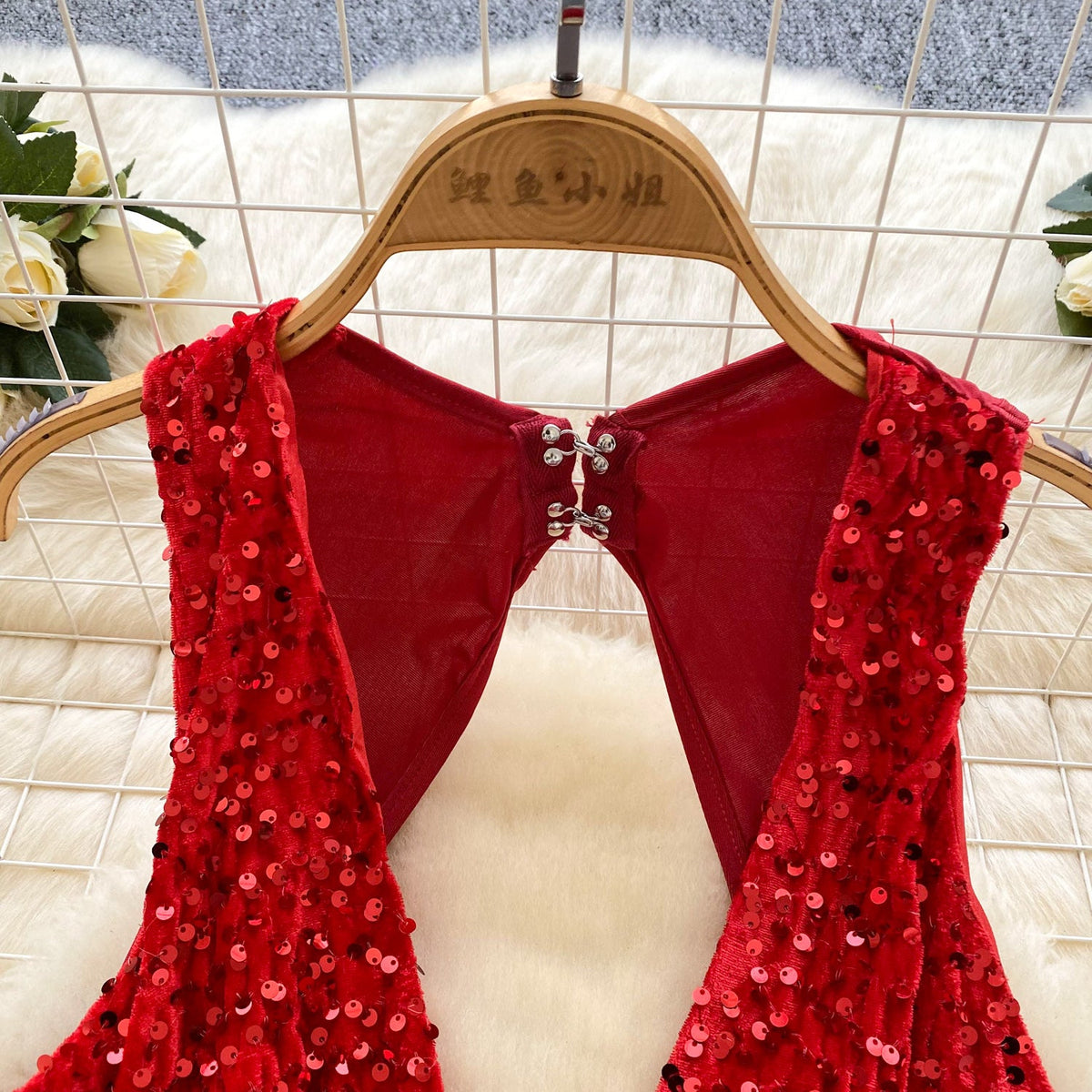 Hollowed Deep V-neck Sequined Dress