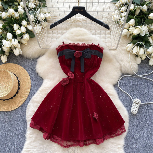 3D Rose Lace Patchwork Suede Dress