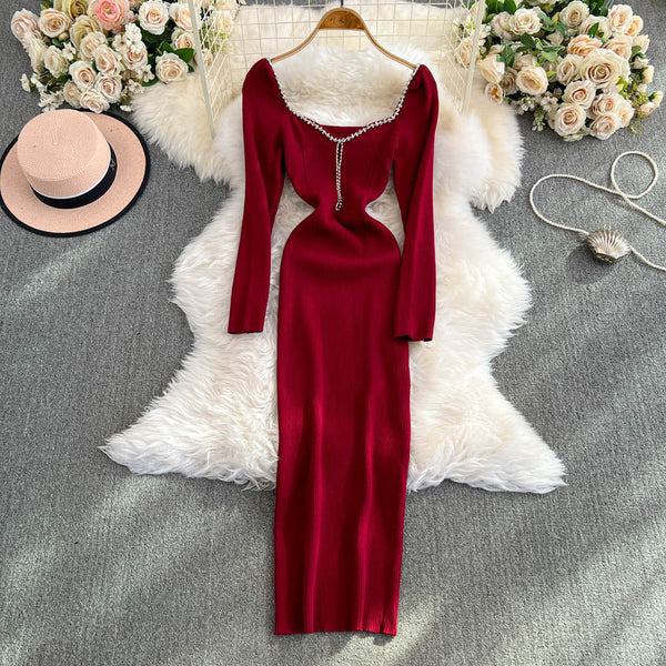 Square Neckline Rhinestone Backless Dress