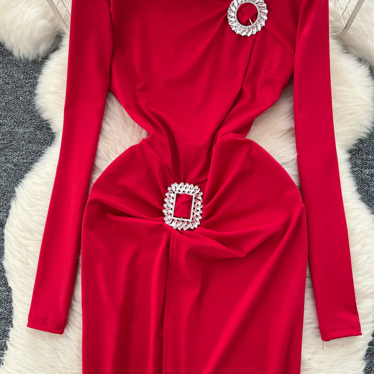 Slant Neckline Rhinestone Studded Party Dress