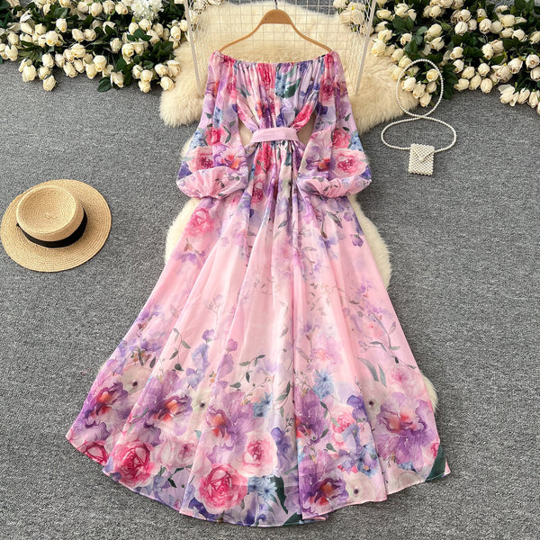Off-shoulder Lace-up Floral Chiffon Dress