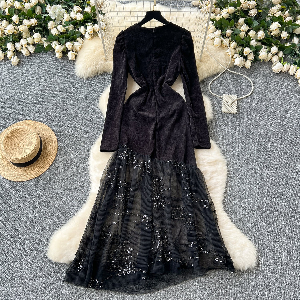Rhinestone Studded Sequined Mesh Black Dress
