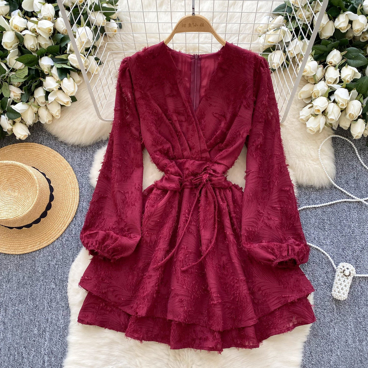 V-neck Fringed Embroidery Ruffled Dress