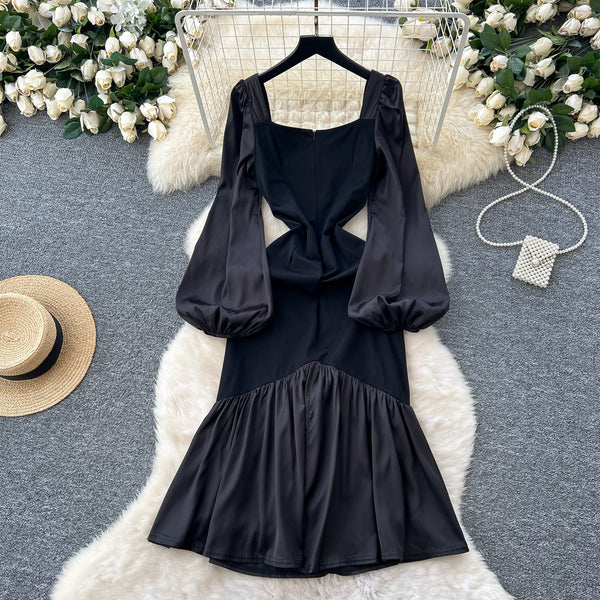 Square Neckline Patchwork Black Dress
