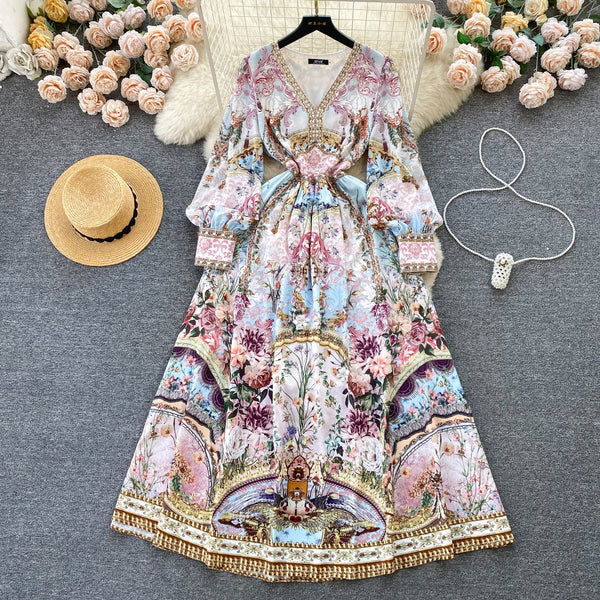 Courtly V-neck Floral Printed Dress