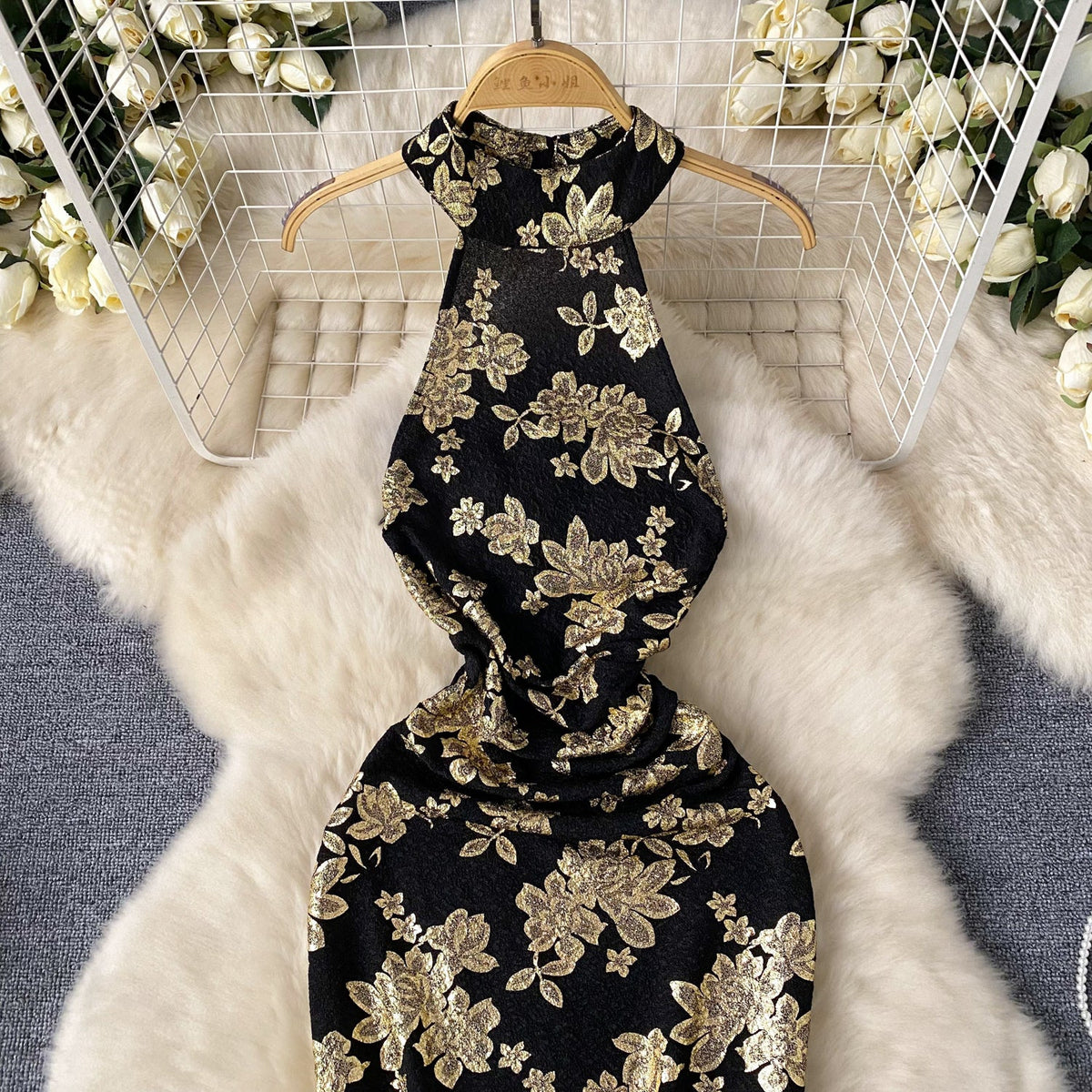 Sexy Gold Stamped Floral Black Dress