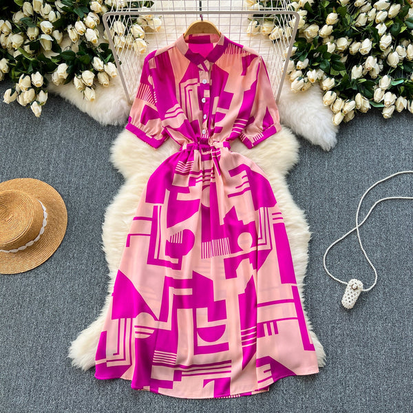 Geometric Printed Single-breasted Shirt Dress