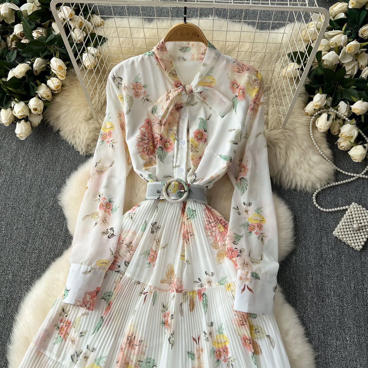 Elegant Pleated Floral Shirt Dress