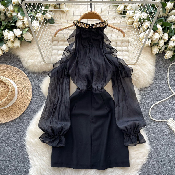 French Style Beaded Neckline Black Dress
