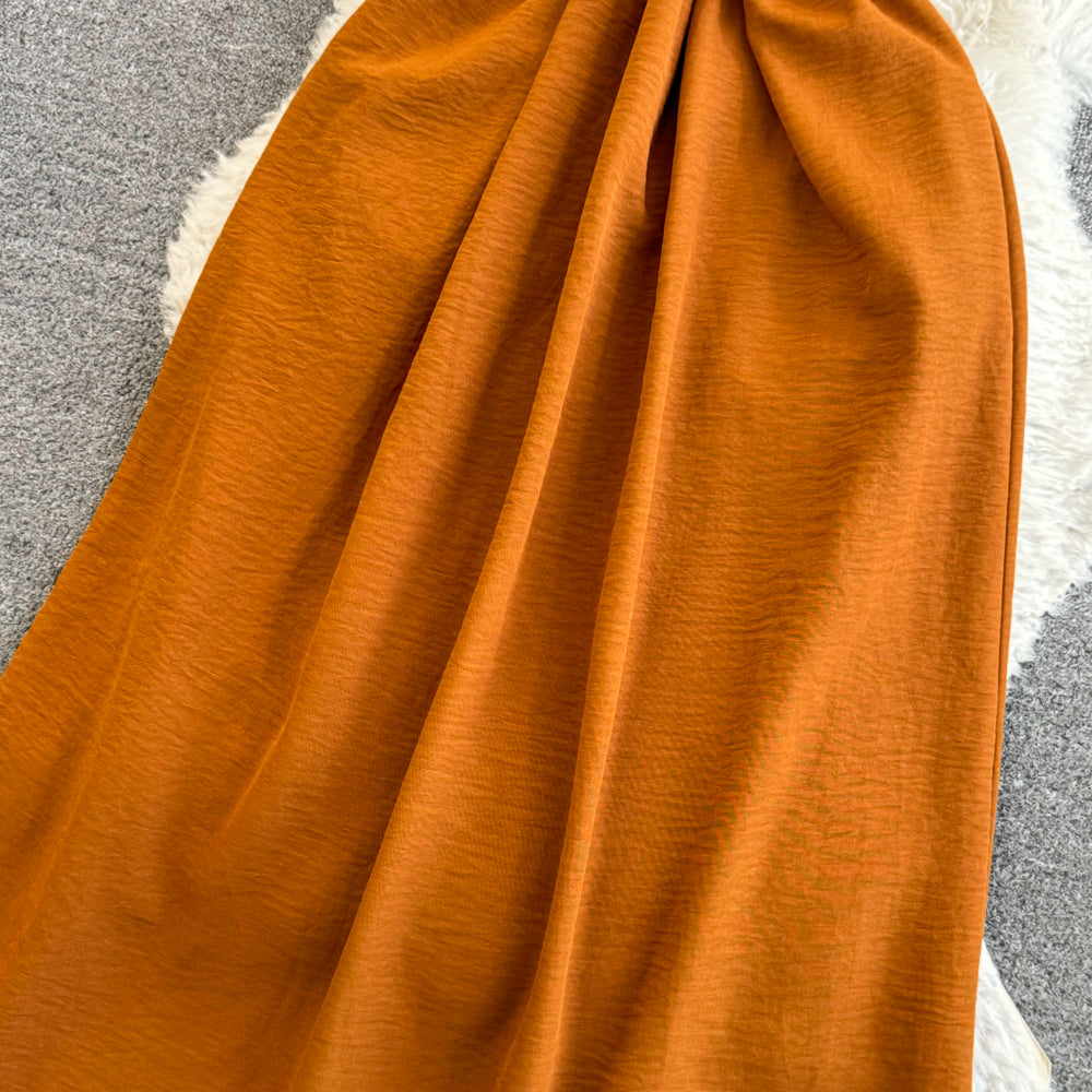 Niche Hollowed Brown Halter Dress