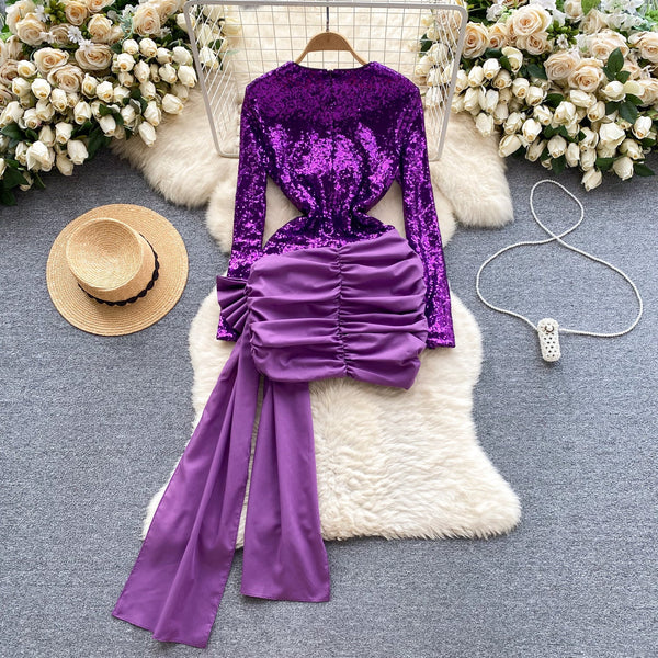 Crew Neck Purple Sequined Dress