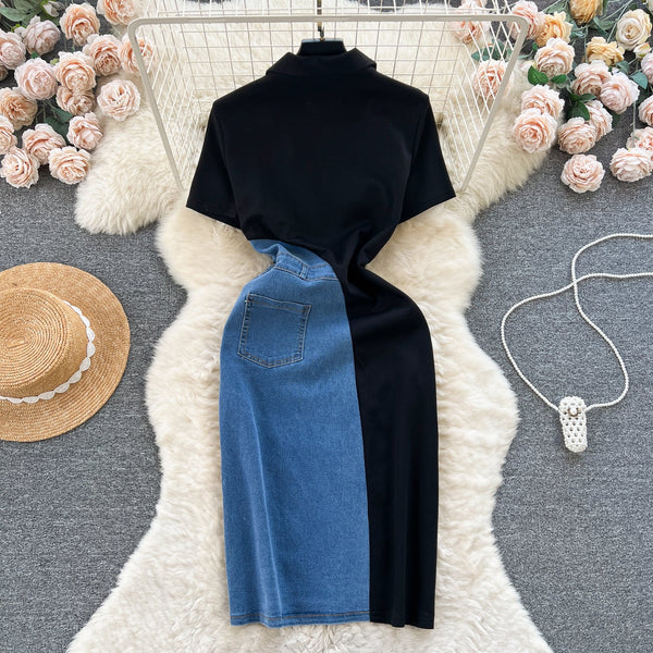 Zipped Denim Patchwork Black Dress