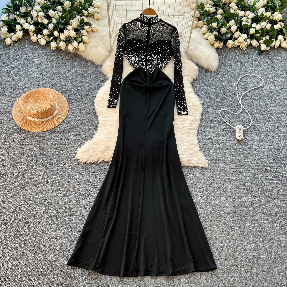 Rhinestone Studded Turtleneck Black Dress