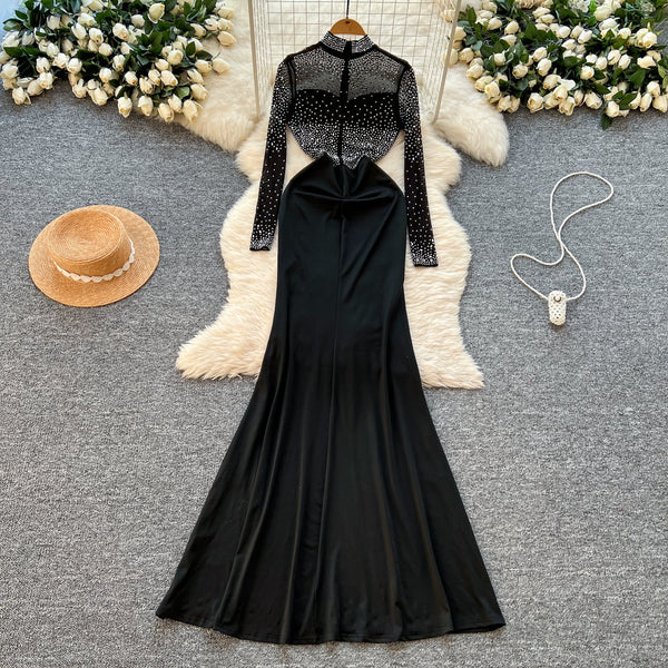 Rhinestone Studded Turtleneck Black Dress