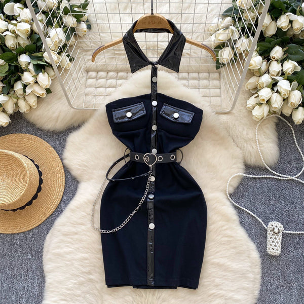 Hollowed Metal Button Black Dress
