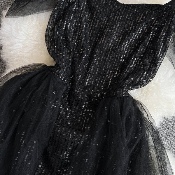Ruffled Neckline Black Sequined Party Dress