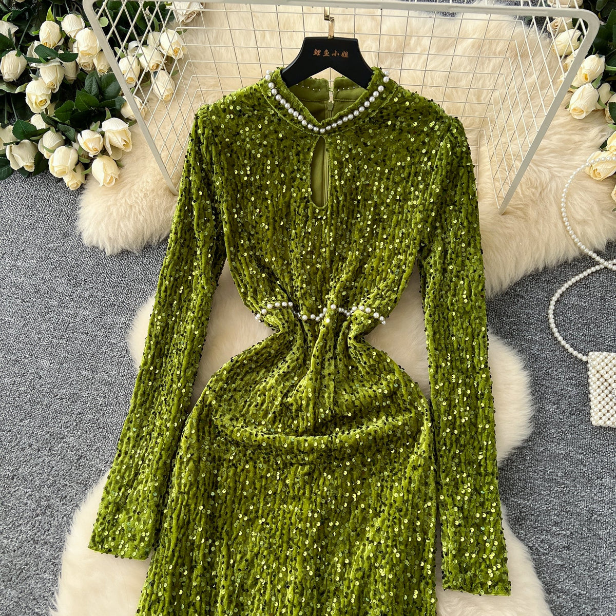 Beaded Collar Sequined Velvet Dress