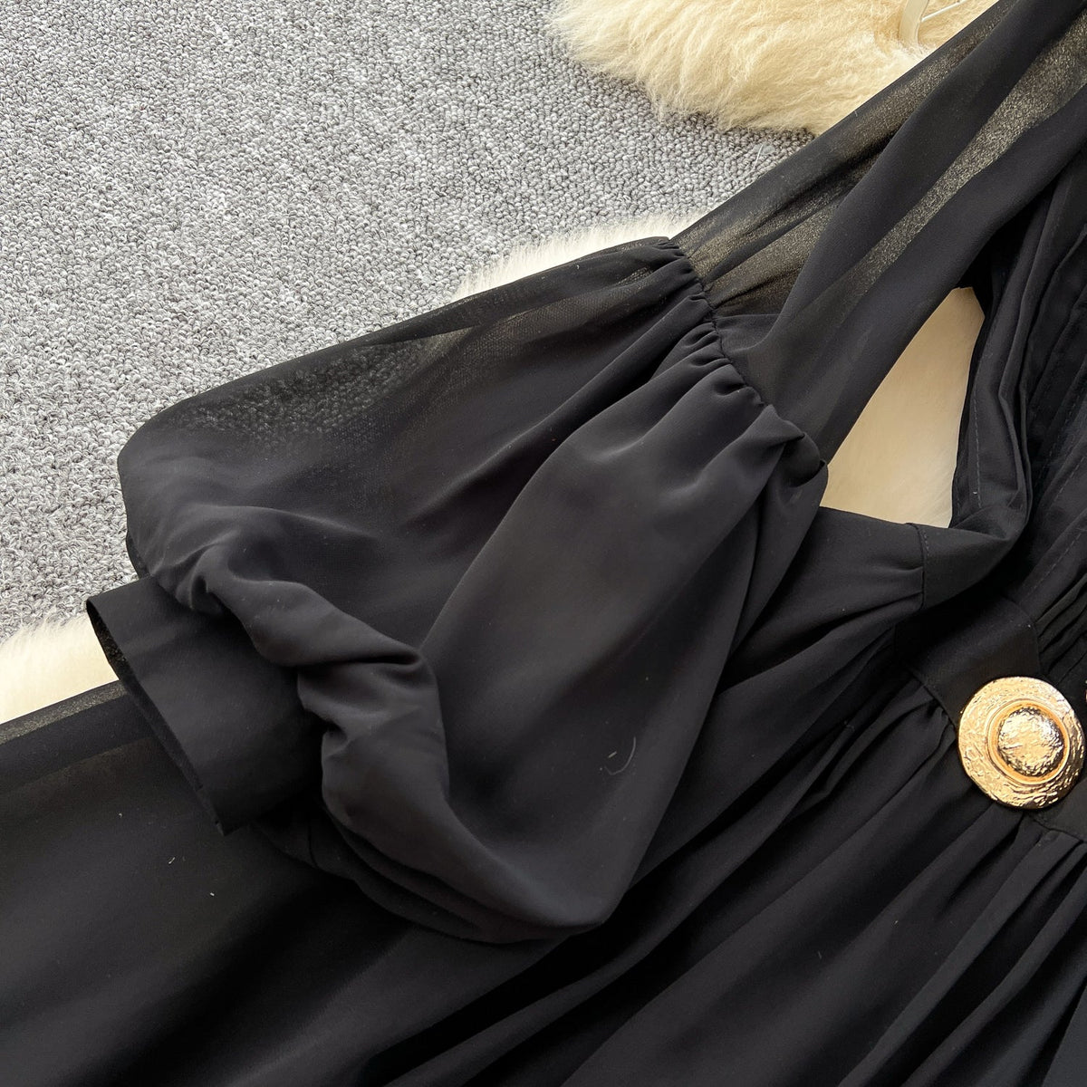 Elegant Metal Button Black Chiffon Dress