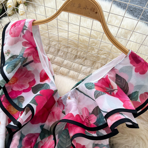 V-neck Ruffled Floral Printed Dress