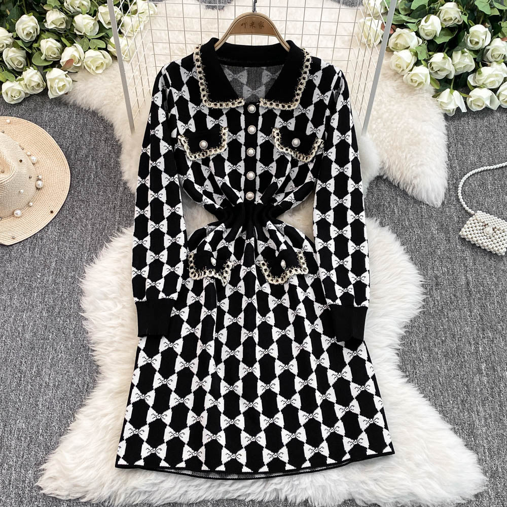 Lapeled Plaid Tweed Knitted Dress