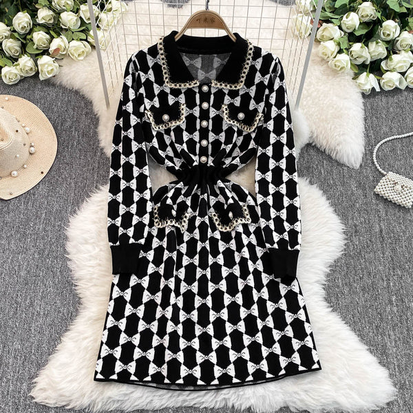 Lapeled Plaid Tweed Knitted Dress