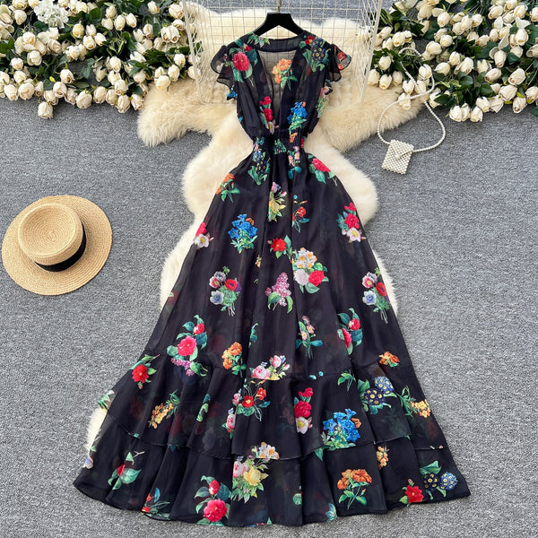 Deep V-neck Floral Chiffon Dress