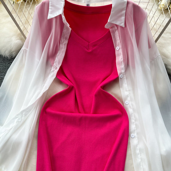 Bodycon Dress&Chiffon Cardigan 2Pcs