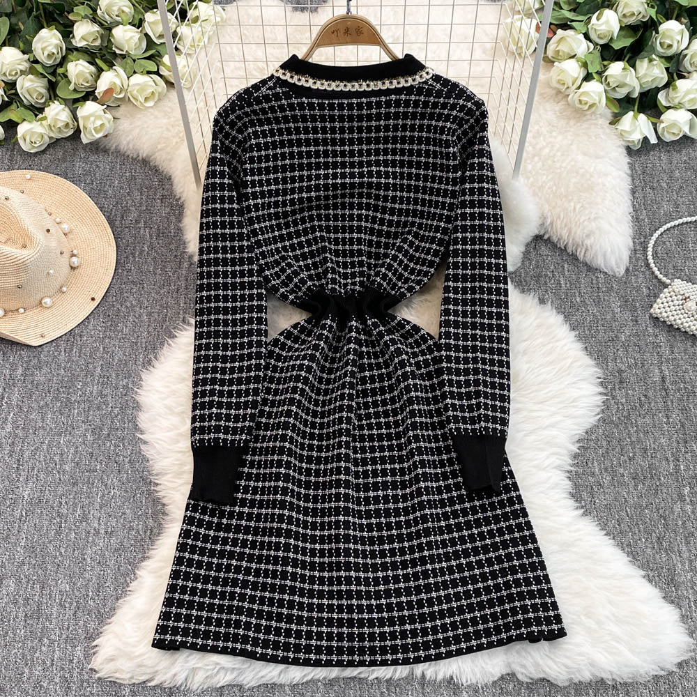 Lapeled Plaid Tweed Knitted Dress