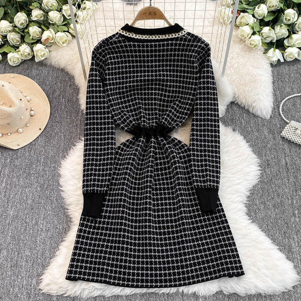 Lapeled Plaid Tweed Knitted Dress