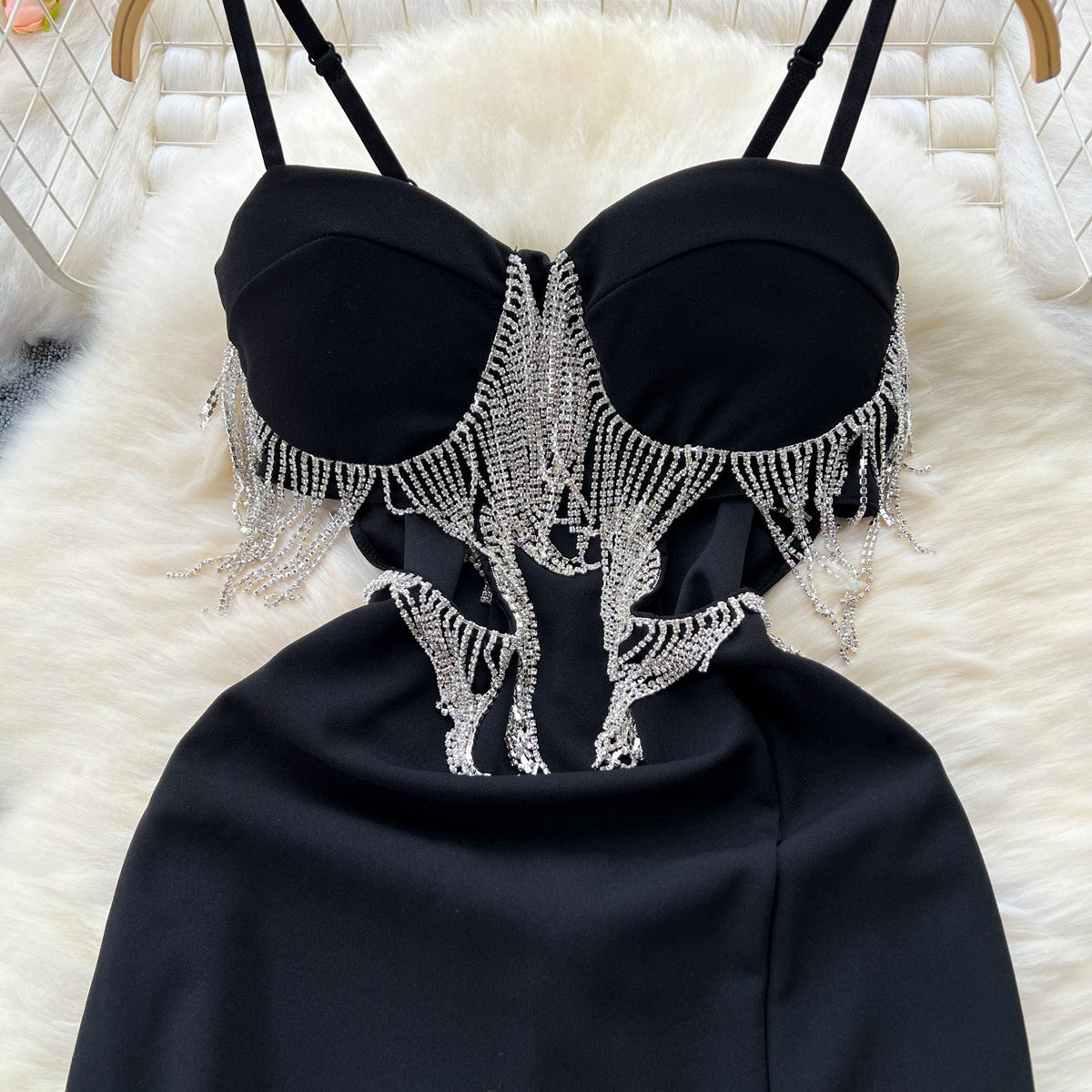 High-end Fringed Black Slip Dress
