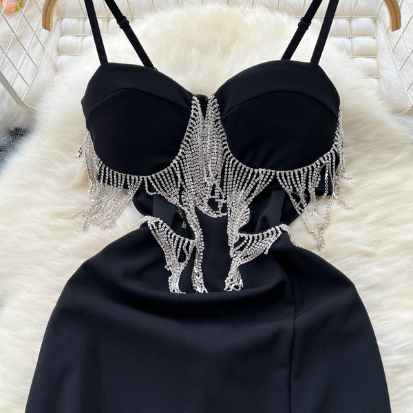 High-end Fringed Black Slip Dress
